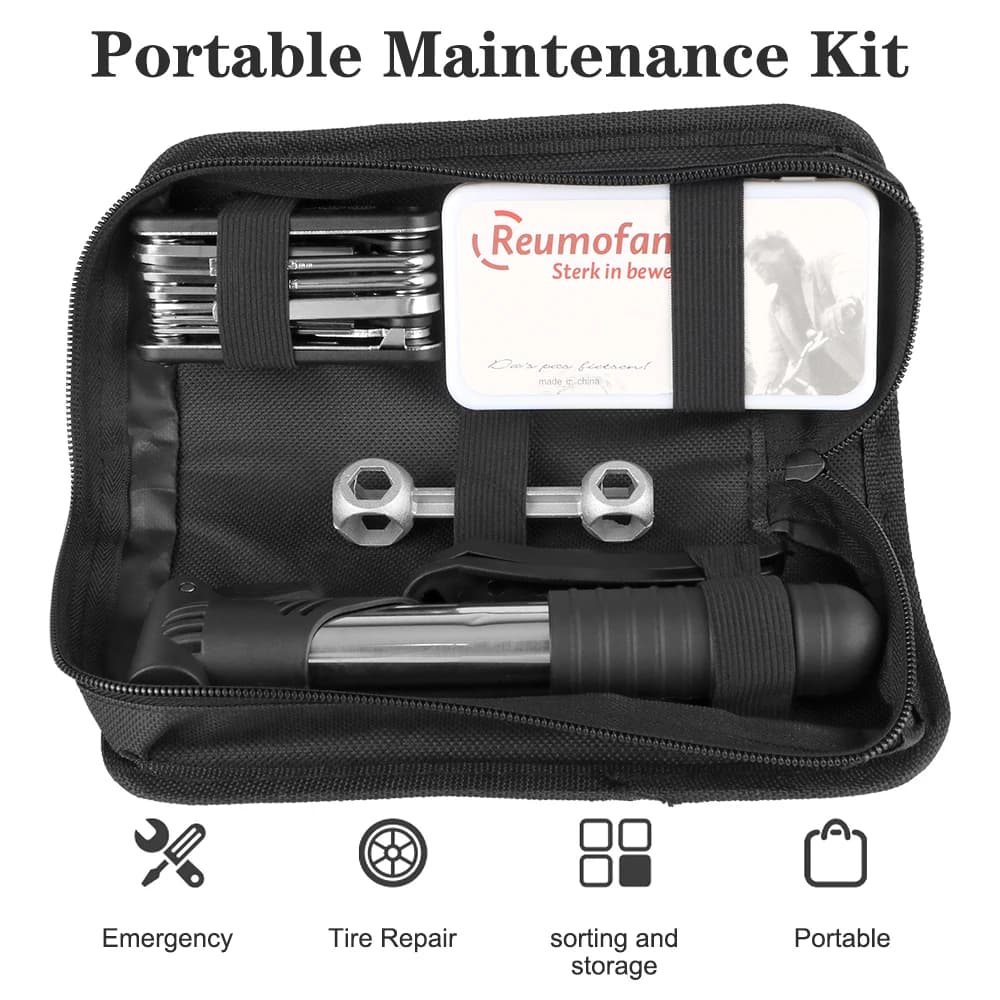 Kit di Riparazione per Biciclette da Strada Multifunzionale con Pompa, Attrezzi per Esterni, Patch per Pneumatici, Leva e Borsa per Riparazioni Bici