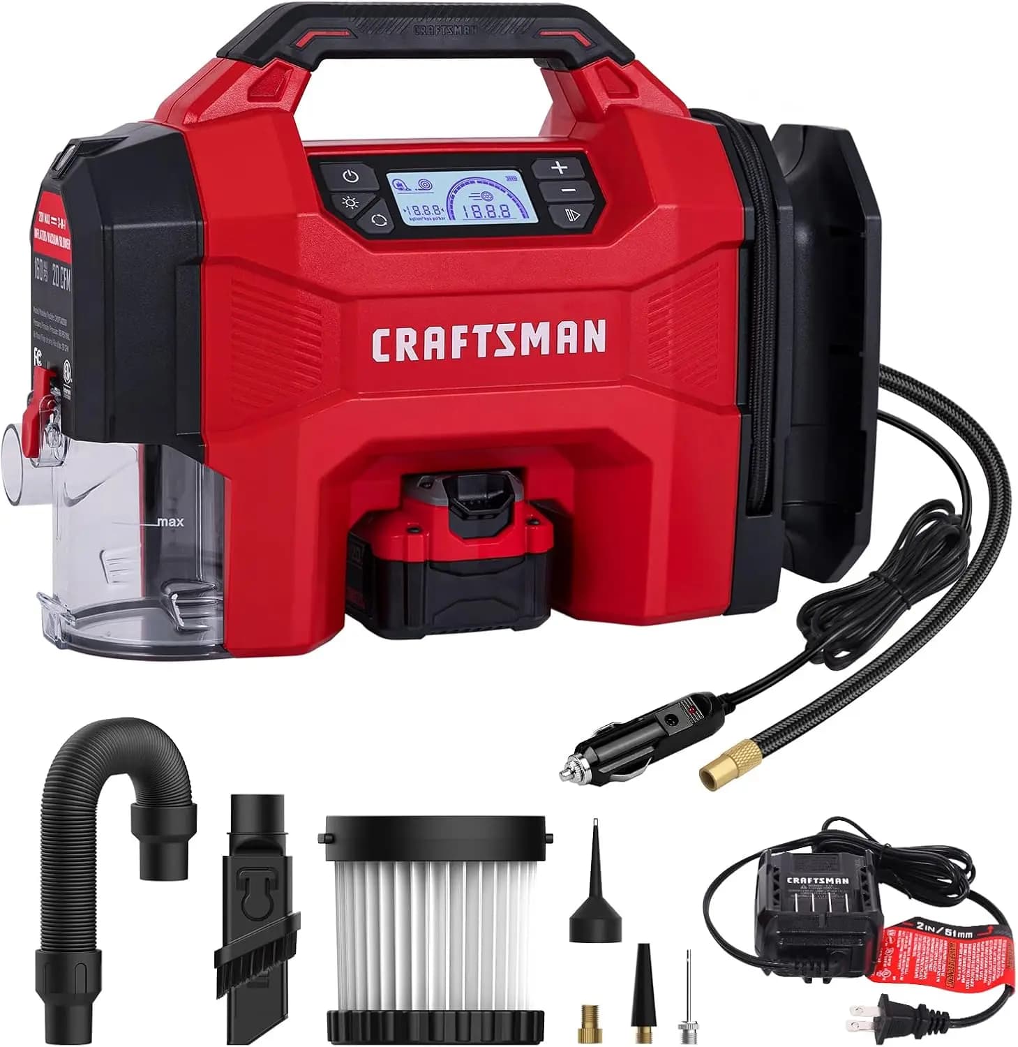 Compressore d'Aria Portatile 3-in-1 con 160 PSI, Aspirapolvere per Auto e Luce LED per Veicoli e Attrezzature Sportive