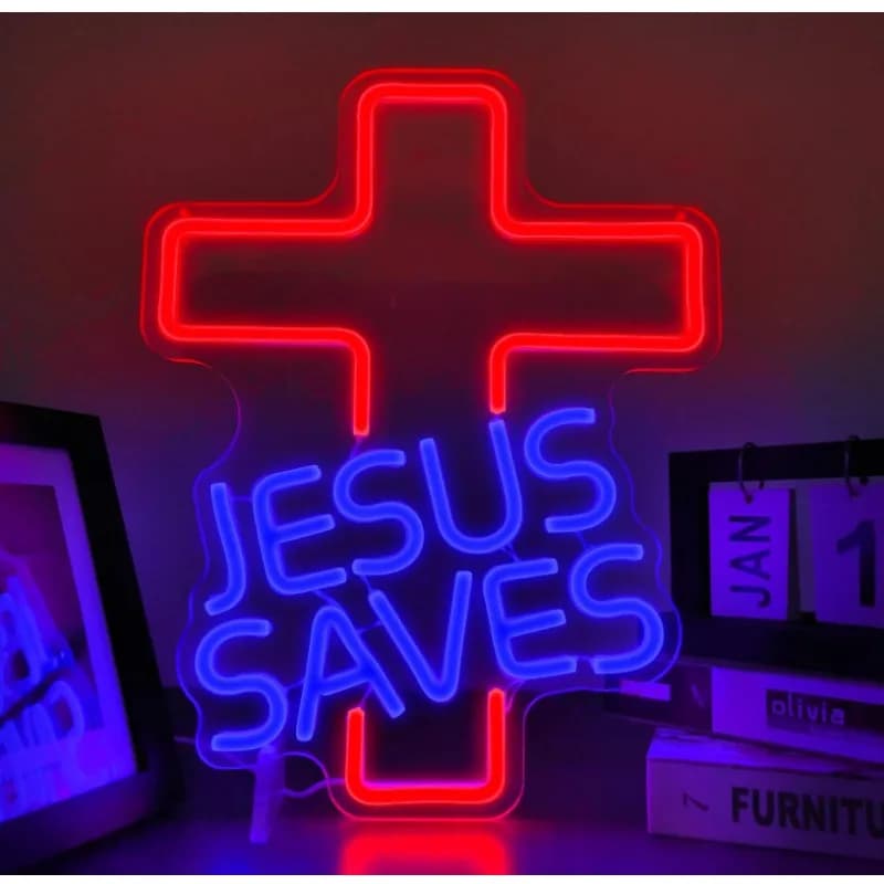Croce insegne al Neon gesù salva LED Wall Decor dimmerabile soggiorno chiesa cristiana eventi compleanno natale (rosso, blu) 5V USB
