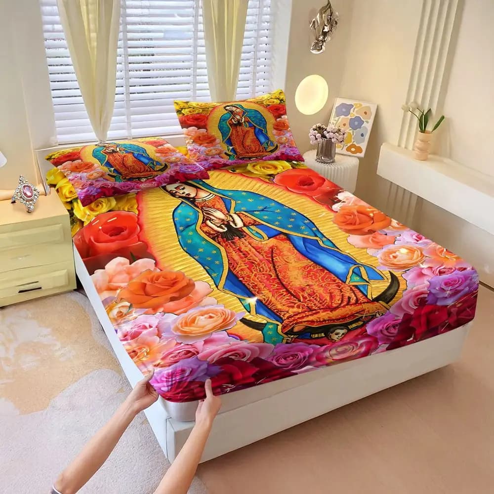 Virgin Mary Floral Print Fitted Sheet Set Bed Sheet Set Digital Printed Religious Bedding Set Soft Elastic Fabric Home Decor