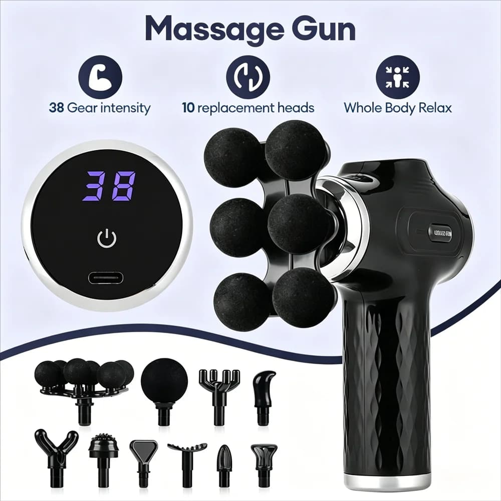 Mini Pistola Massaggiante a 38 Livelli con Vibrazione ad Alta Frequenza, 6 Testine, Massaggiatore Muscolare per Spalle, Vita, Schiena, Gambe e Braccia