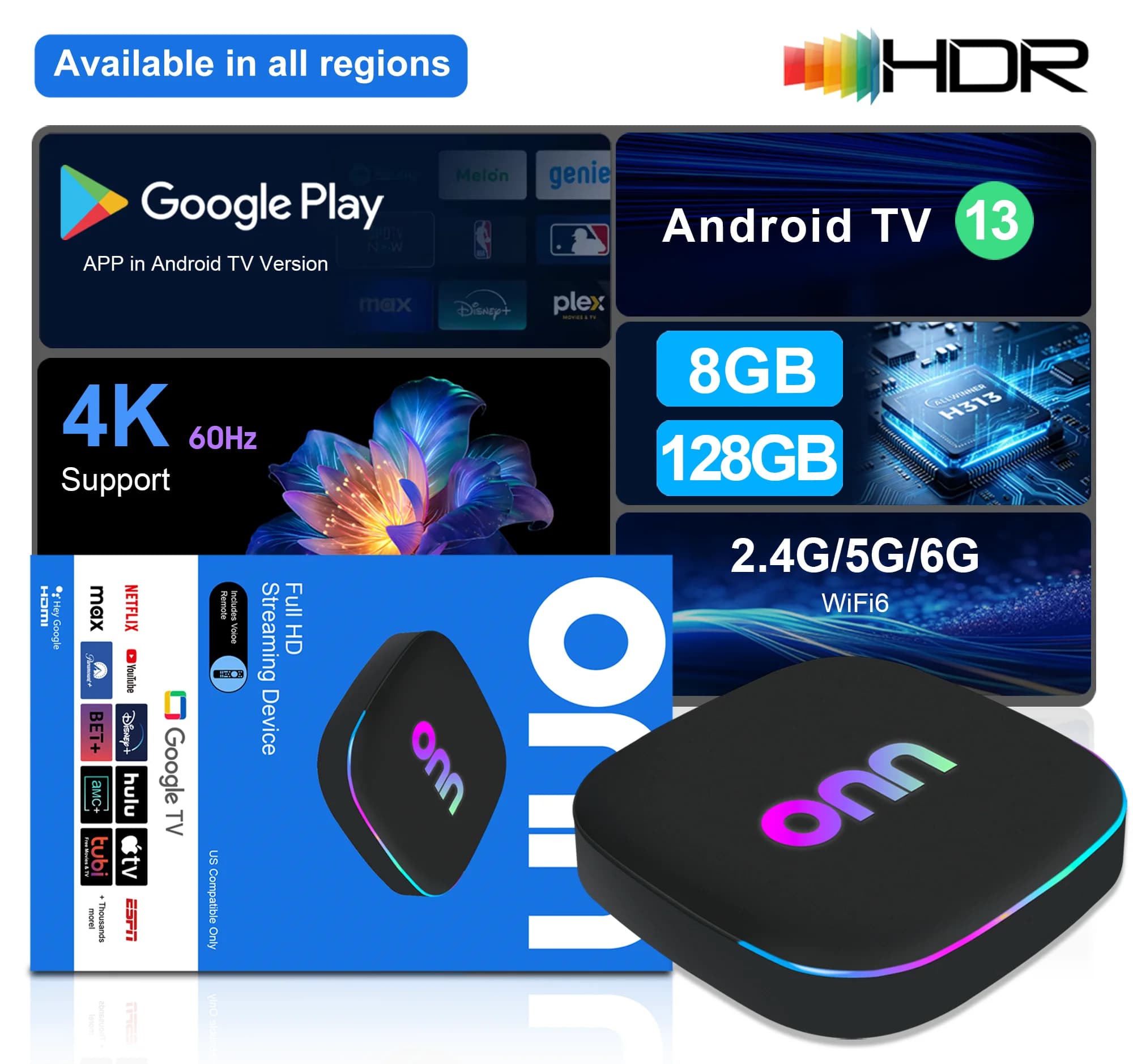 ONN 4K 60FPS HD Decoding TV Box Mali-G31 H313 8GB 128GB eMMC WiFi6 BT5.4 USB TF Card Voice Remote Device