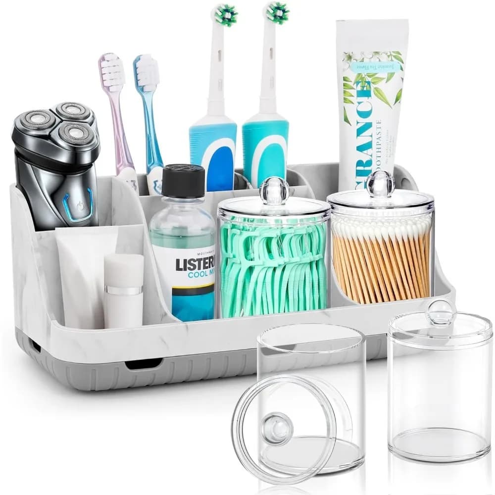 Set portaspazzolino da bagno con dispenser porta Qtip da 2 pezzi - Set di accessori da bagno staccabili a 7 slot, bagno in marmo per bambini
