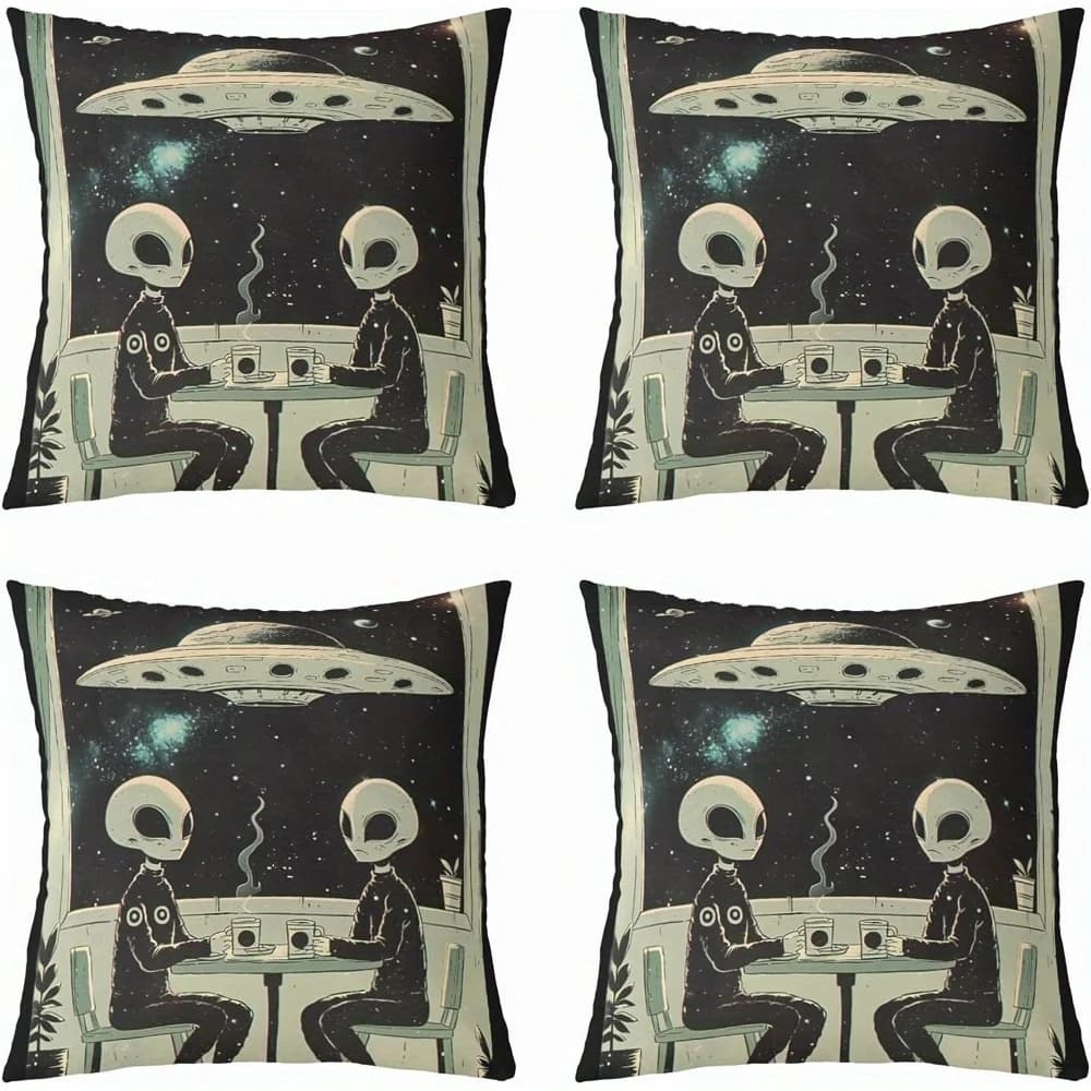 Home Decor Aliens Meeting Over Coffee in Space Pillow Cover Pattern Cushion Cover Suitable for Sofa Bedroom Car Pillow Cover