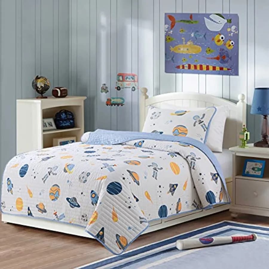 Set Copripiumino - Misura con 2 Federe, Tema Razzo e Pianeti, Design Galassia e Sistema Solare, Astronauta, Spazio Esterno, Trapuntato
