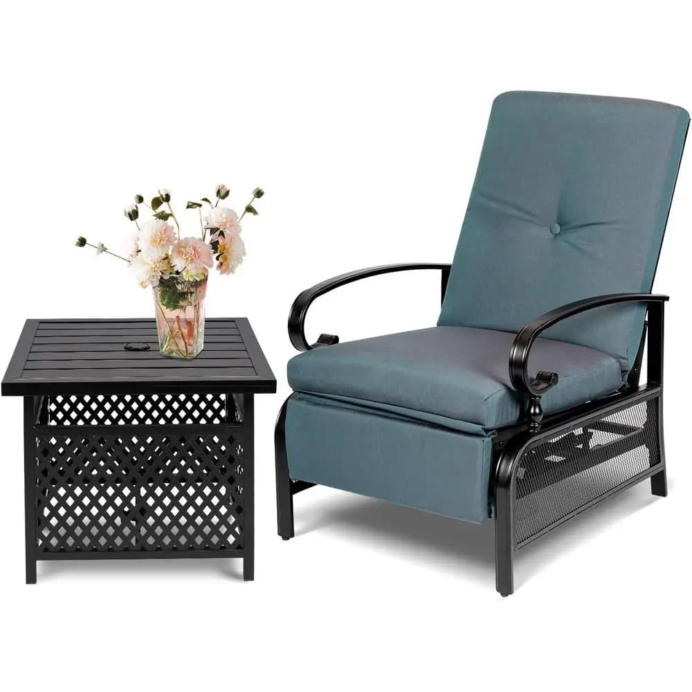 Outdoor Adjustable Recliner Chair with Umbrella and Side Table, Blue Cushion