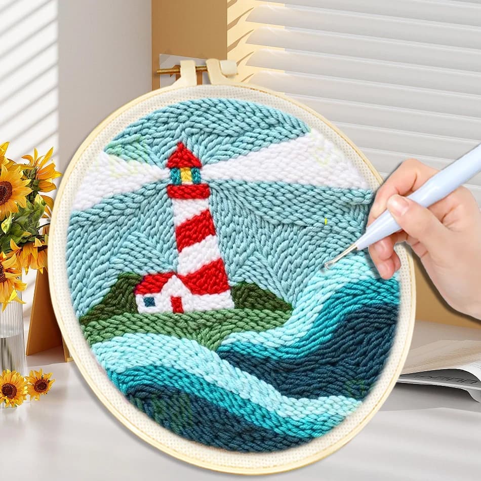 punch needle embroidery Starter Kit With Frame Coastal scenery Easy Punch Needle Kit DIY Craft Sewing Embroidery Poke Handmade
