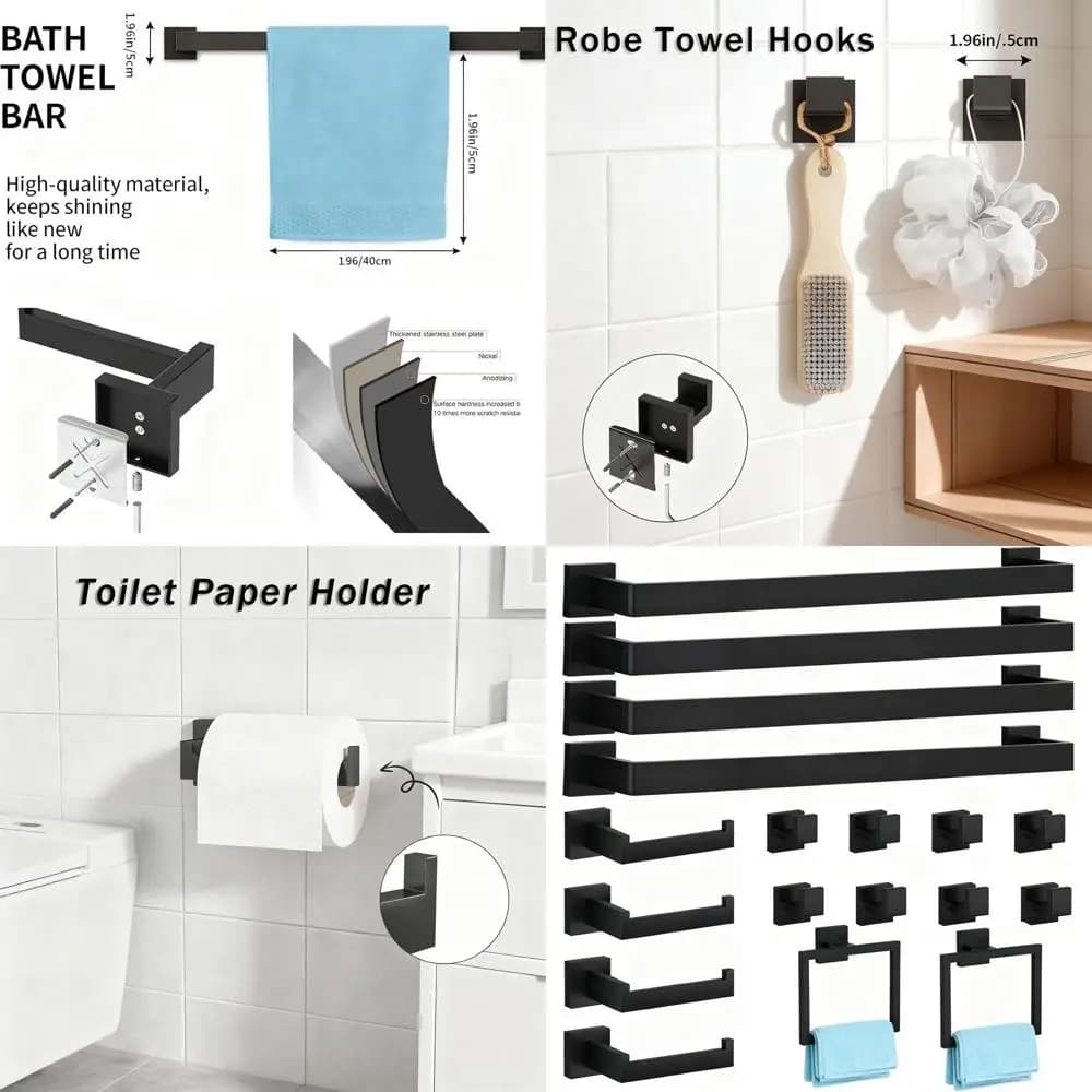 Set completo di accessori da bagno nero opaco da 20 pezzi con portasciugamani, ganci e porta carta igienica a parete