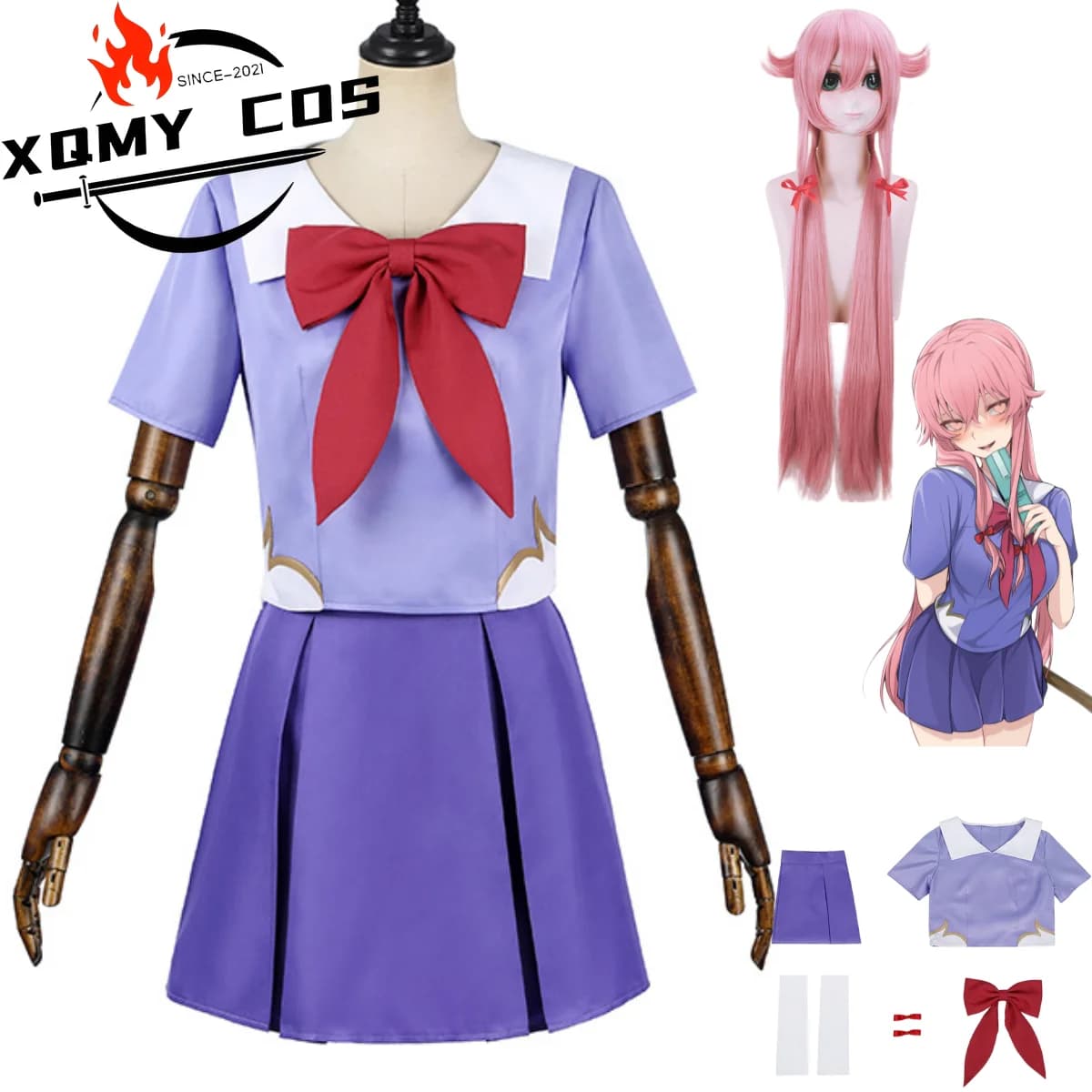 XqAnime The Future Diary Gasai Yuno Cosplay Costume Japan South Korea JK Purple School Uniform Skirt Wig Woman Sexy Sailor Suit