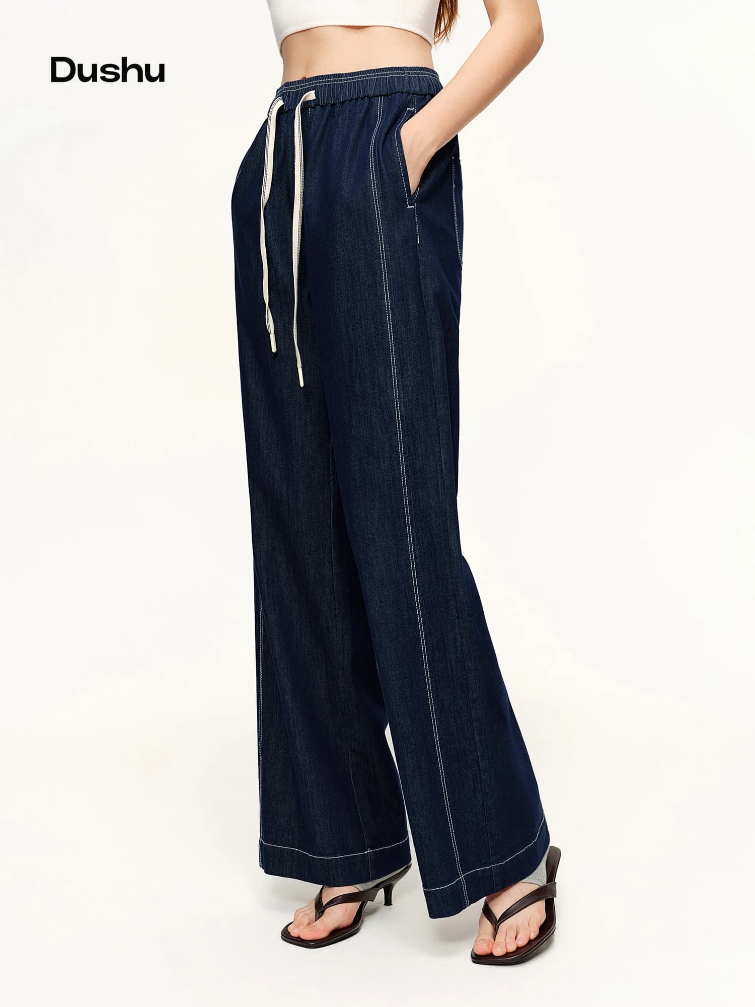 DUSHU 2026 Jeans a Gamba Dritta da Donna con Cuciture a Contrasto, Pantaloni Casual con Elastico in Vita per Stile Street Y2K