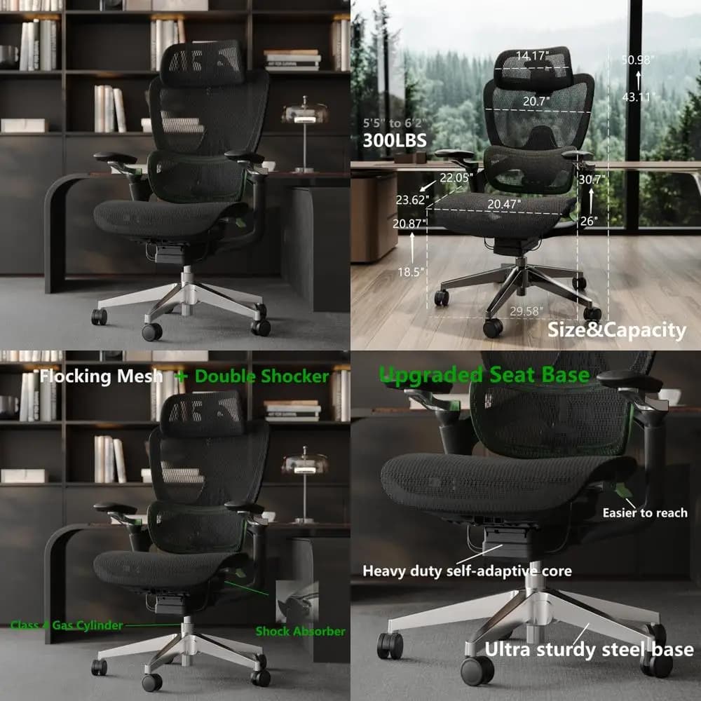 Sedia ergonomica in rete per ufficio domestico con supporto lombare regolabile, sedia da scrivania in stile gioco con poggiatesta e braccioli 5D,