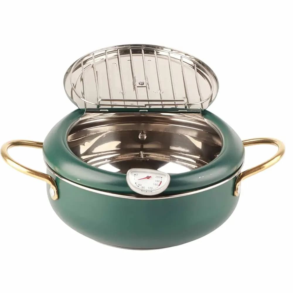 Pentola per Frittura Profonda in Acciaio Inox con Termometro, Friggitrice Antiaderente con Coperchio, Griglia di Drenaggio Olio, Padella Giapponese per Tempura