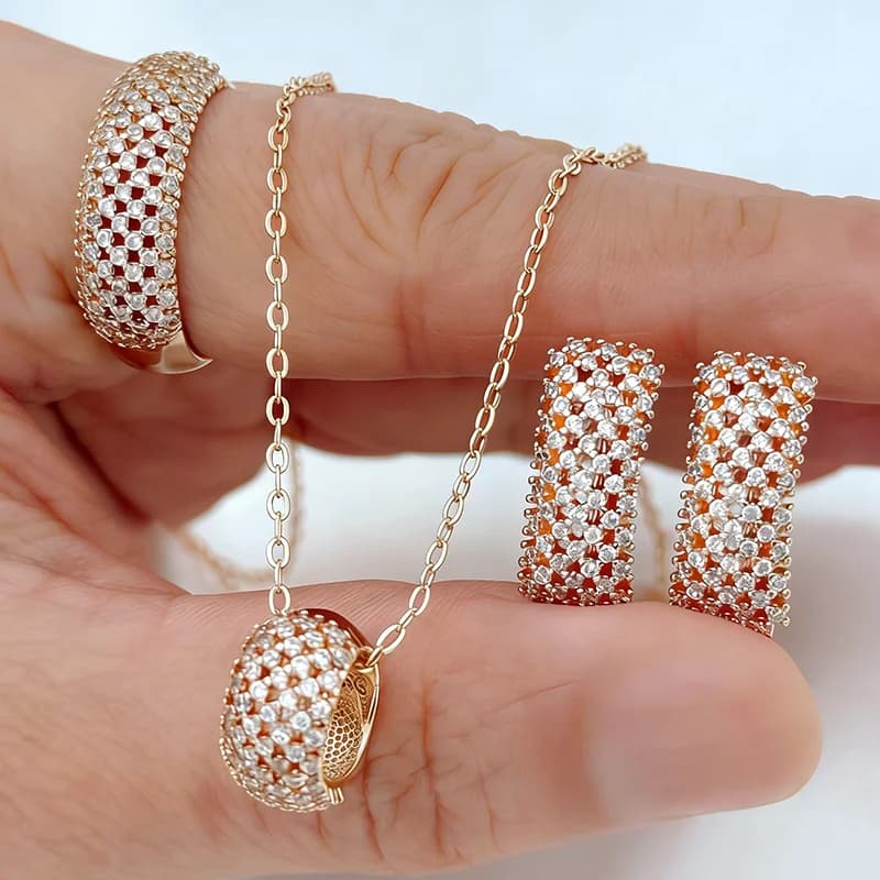 Kinel Set di Gioielli Etnici da Sposa in Oro Rosa 585, Anello, Orecchini e Collana con Zirconi Naturali Brillanti per Donne, Gioielleria Fine
