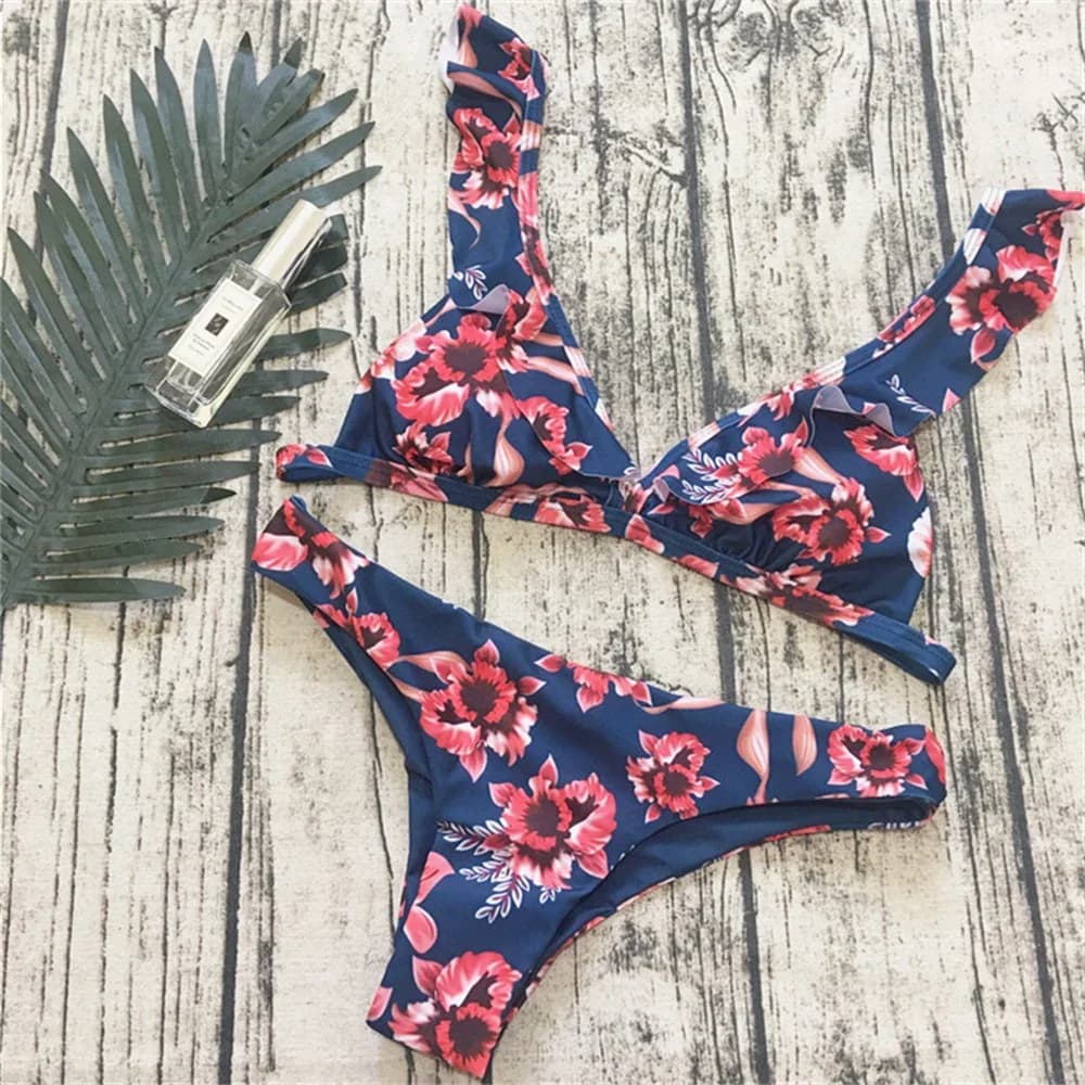 Costume da bagno bikini da spiaggia con stampa floreale vintage Costume da bagno con volant Top Costume da bagno donna Bikini da bagno Y2K Trend Summer Set Biquini