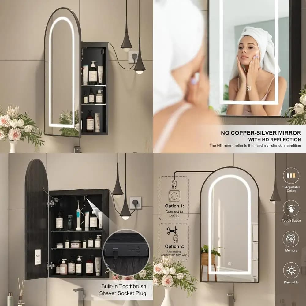Armadietto dei medicinali con specchio ad arco illuminato con presa per rasoio, armadietto dei medicinali a specchio a parete, bagno nero illuminato a LED Mi