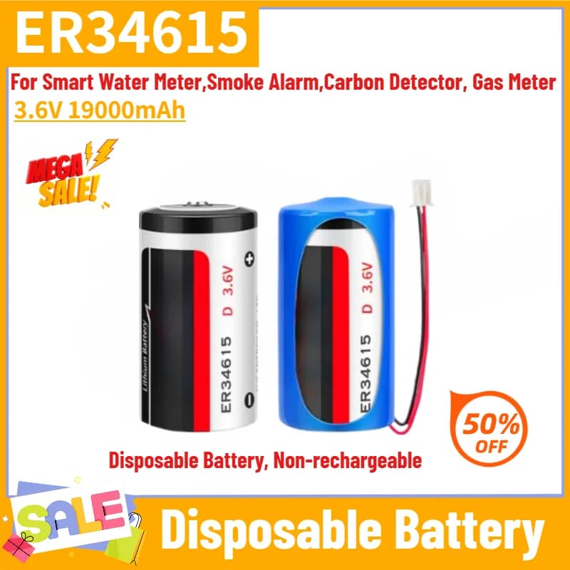 ER34615 Battery 3.6V 19000mAh For Smart Water Meter,Smoke Alarm,Carbon Detector, Gas Meter,Non-rechargeable Lithium Battery