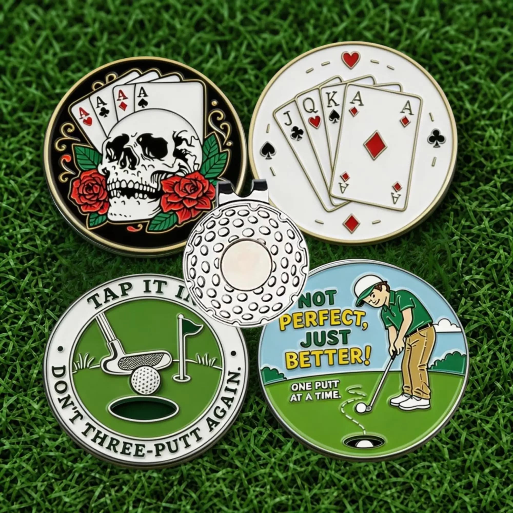 4 pcs Golf Ball Marker Set with Magnetic Hat Clip Assorted Patterns Golf Gifts, Golf Cap Clips Parter Accessories Sets for Men