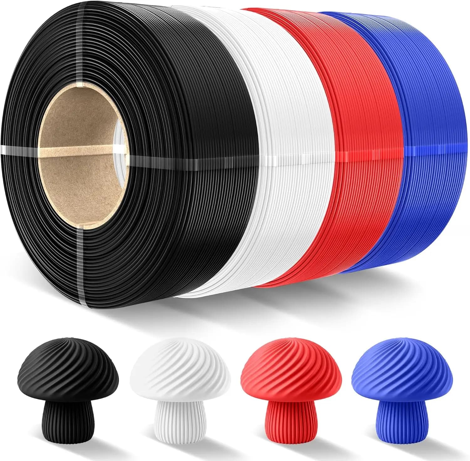 PLA Refill Filament 1.75mm, 4 Pack 1kg Each, Black+White+Blue+Red, for Reusable Spool, 3D Printer Filament