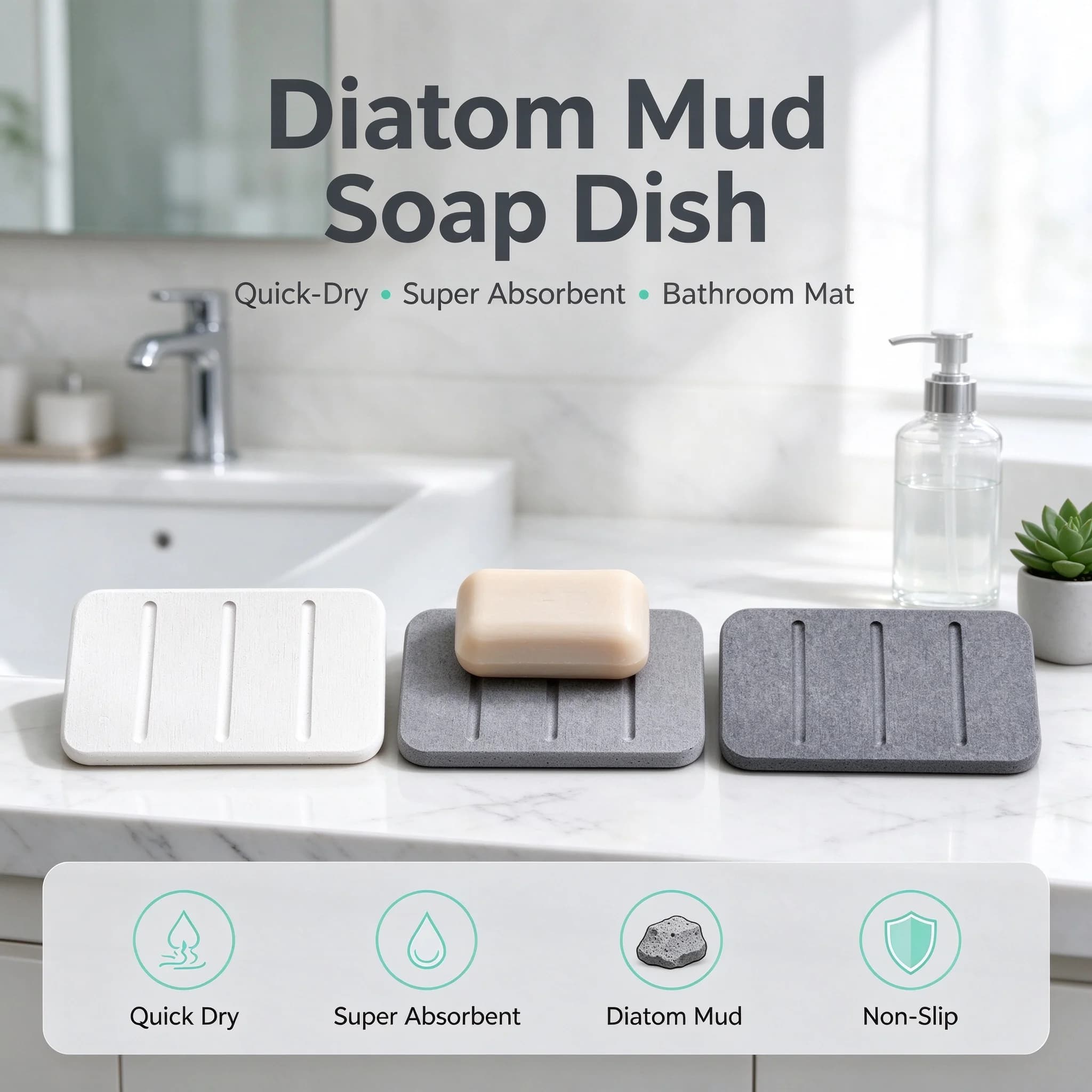 Diatom Mud Soap Dish Quick-Dry Pad Bathroom Countertop Soap Toiletries Absorbent Mat Rectangular Soap Holder Bathroom Supplies