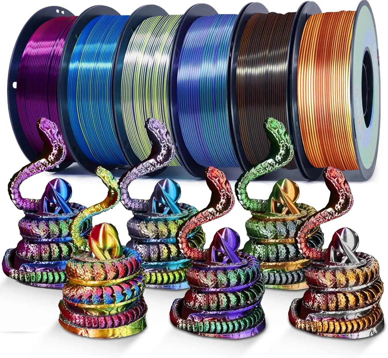 3D Printer Filament Silk PLA Filament Rainbow Color,1.75mm Tri Color Filament 6 * 1kg Pack.