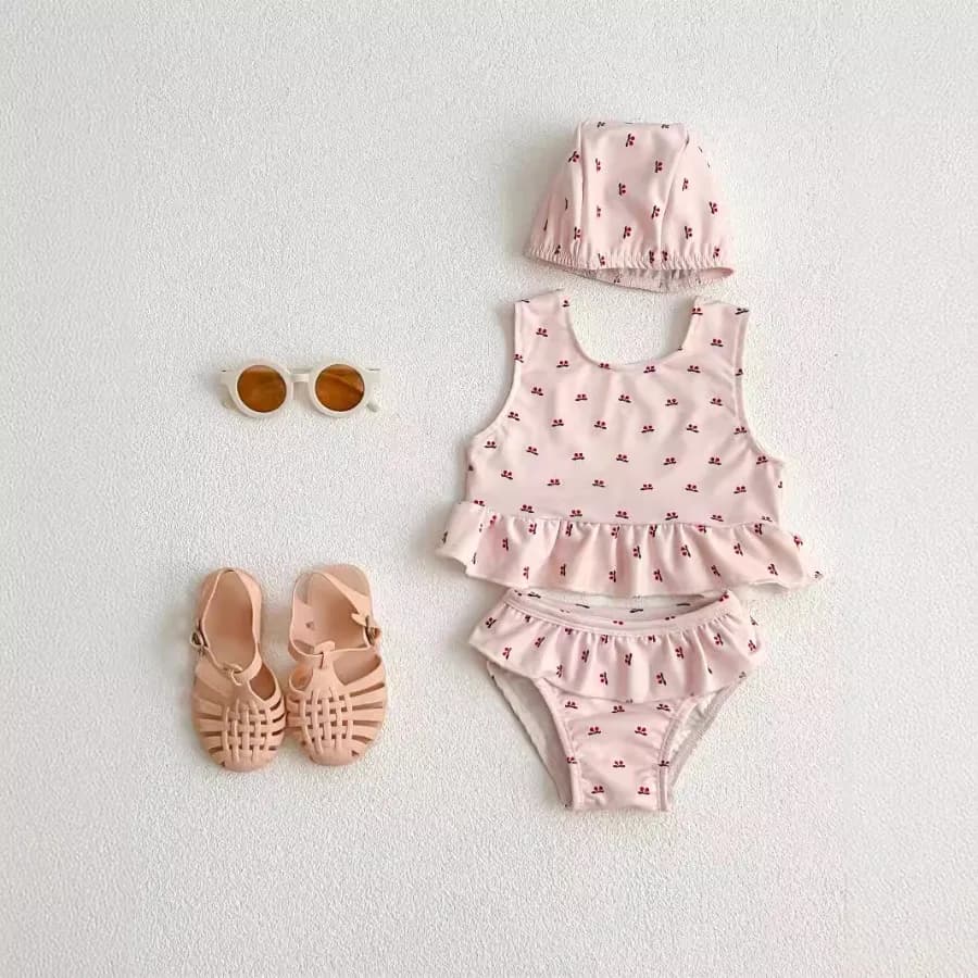 【HOT】 Costume da bagno estivo per ragazze, grazioso costume da bagno con stampa ciliegia, costume da bagno in tre pezzi con cappuccio e pantaloncini, stile split
