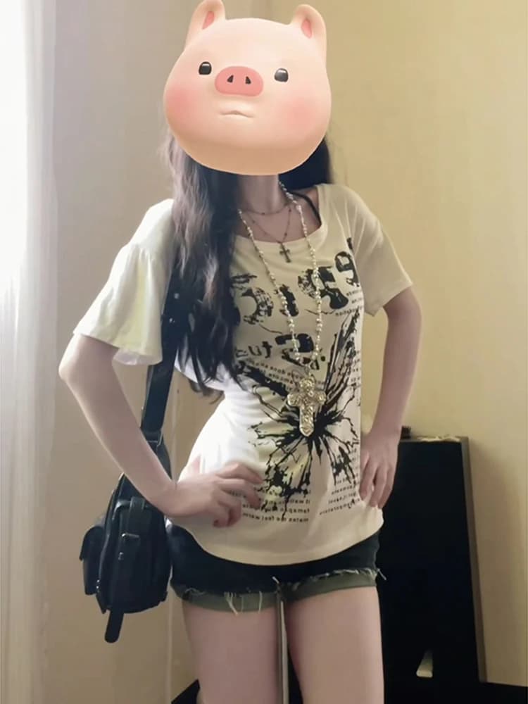 Summer Women's T-Shirt Knot Print Asymmetrical Shoulder Short Sleeve plus Size Conceals Belly Flattering Loose Fit