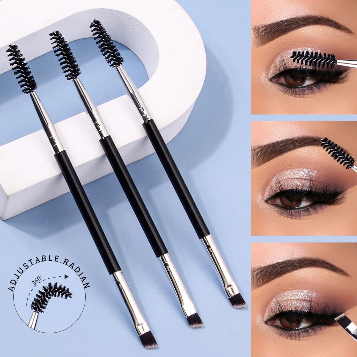 Pennello per trucco professionale per ciglia e sopracciglia con angolo singolo e doppio estremità da 3 pezzi Pennello per eyeliner per matita per sopracciglia di alta qualità