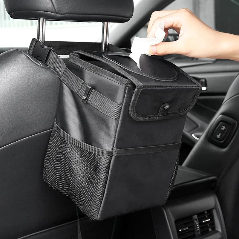 Cestino per Rifiuti con Coperchio e Tasche Portaoggetti, Contenitore Multiuso 100% Impermeabile e Antiscivolo, Bidone Nero per Auto
