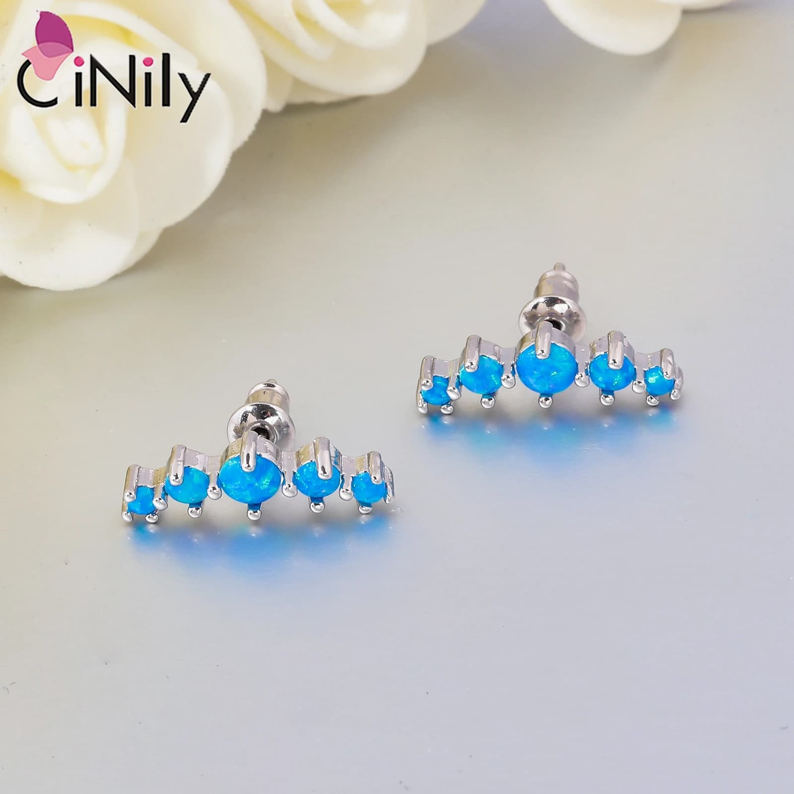 CiNily Orecchini a bottone classici in opale con pietre preziose opali rotonde Placcato in oro rosa Fila curva di orecchini a bottone per gioielli in argento da donna