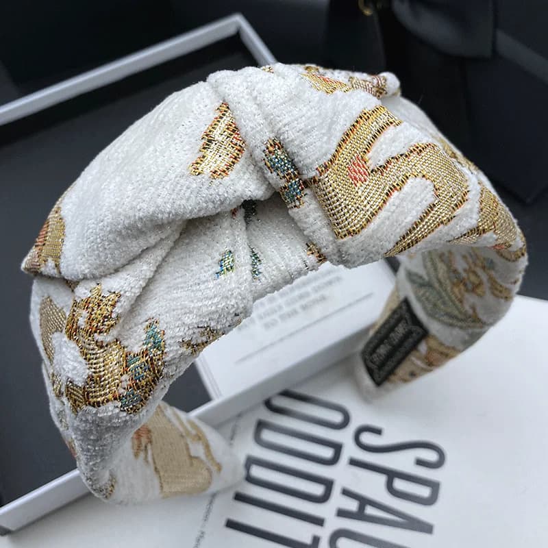 Fascia per capelli da donna alla moda con ricamo, di lusso, leggera, con bordo largo e design a cerchio, per acconciature a chignon alto