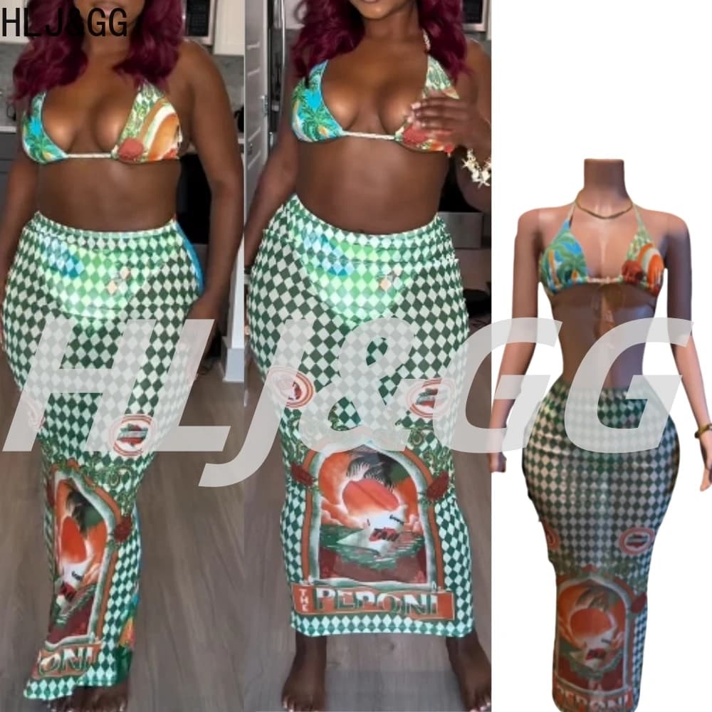 HLJ&GG Estate Nuove Vacanza Spiaggia Set da 4 pezzi Donna Profondo scollo a V Fasciatura senza schienale Crop Top e gonne Abiti Stampa sexy 4 pezzi Costumi da bagno