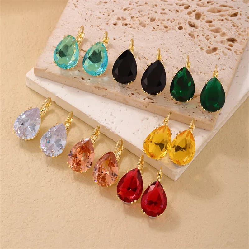 Pear Cut Water Drop Green Black Yellow Red Blue Stone Hoop Earrings For Women Antique Gold Color Zircon Bridal Ear Buckle Party