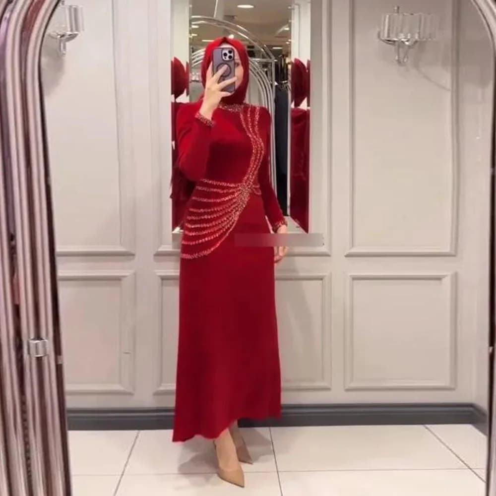 Abiti da sera in cristallo personalizzati con Hijabis collo alto manica lunga perline abito da ballo formale lunghezza caviglia abiti da pietra