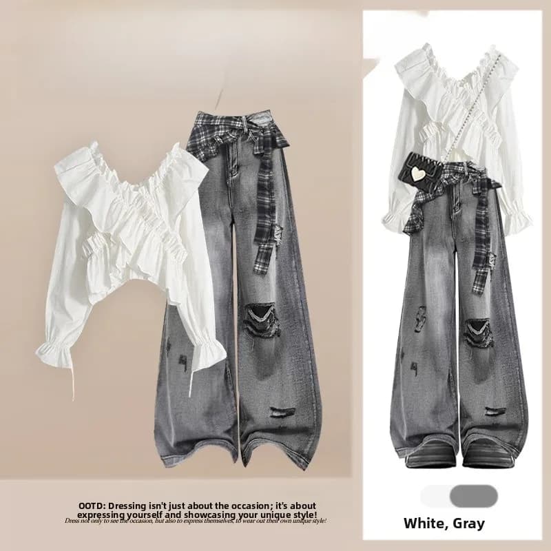 Set due pezzi coreano da donna: gonna dolce e piccante e jeans a gamba larga a vita alta, set primaverile alla moda