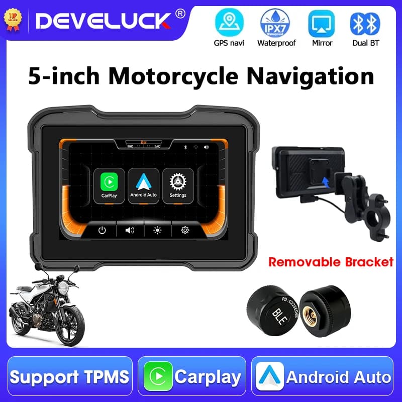 Portable 5 inch Motorcycle Navigation GPS Support TPMS BT5.0 Wireless Carplay Android Auto IPX7 Waterproof Moto Monitor