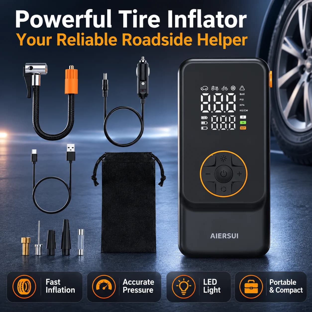 AIERSUI Portable Tire Inflator Rechargeable Electric Air Pump 150PSI Digital Compressor for Car Bicycle Motorcycle Ball
