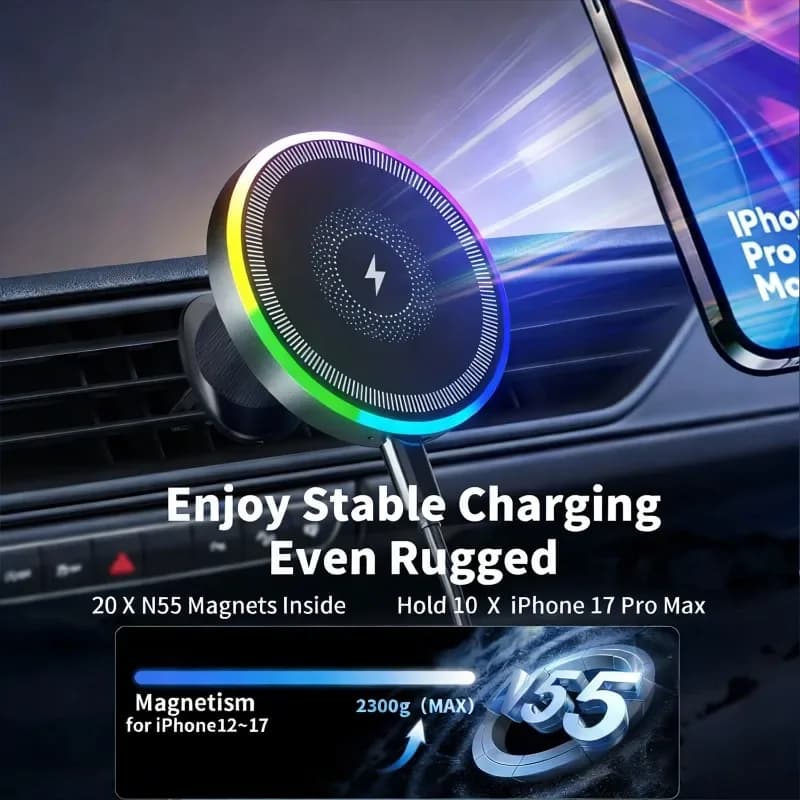 Supporto Magnetico Wireless per Auto con Ricarica Rapida e RGB, Porta Telefono per Auto con Magnete Potente per iPhone 17 16 15 14 Pro Max