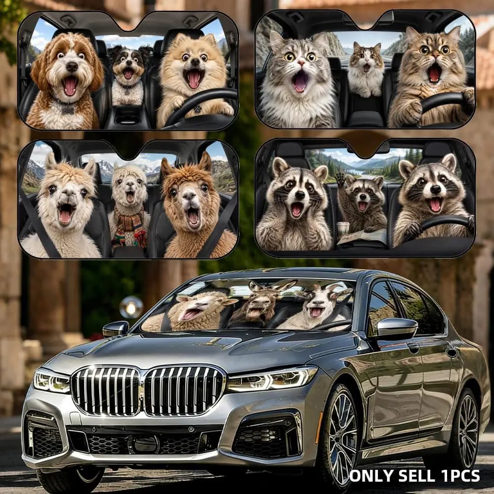 Raccoon is driving Sun Visor Foldable Aluminum Foil Car Windshield Sun Shade - UV Protection & Heat Insulation Visor