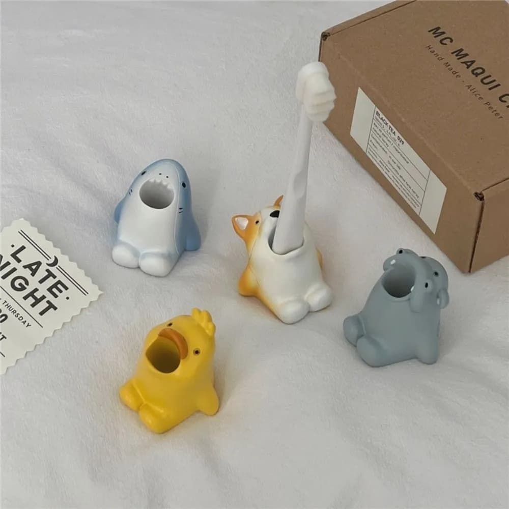 Resin Animal Shape Toothbrush Holder Non-Slip Base Makeup Brush Organizer Multi-Functional Cute Corgi Shark Bathroom Ornament