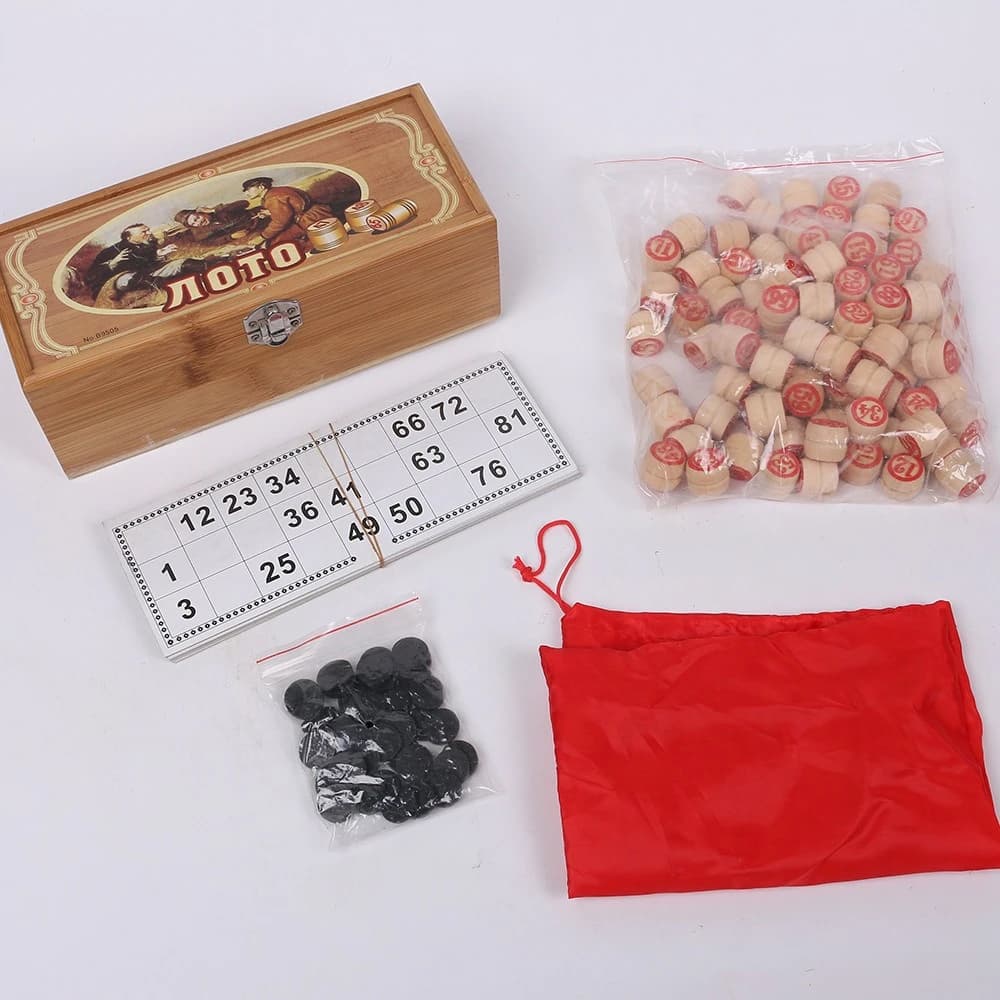 BINGO SET 24 sheets paperboard cards+90pcs double-sided drum shapes BINGO NUMBERS 1-90 +40pcs black round chess pieces woodenbox