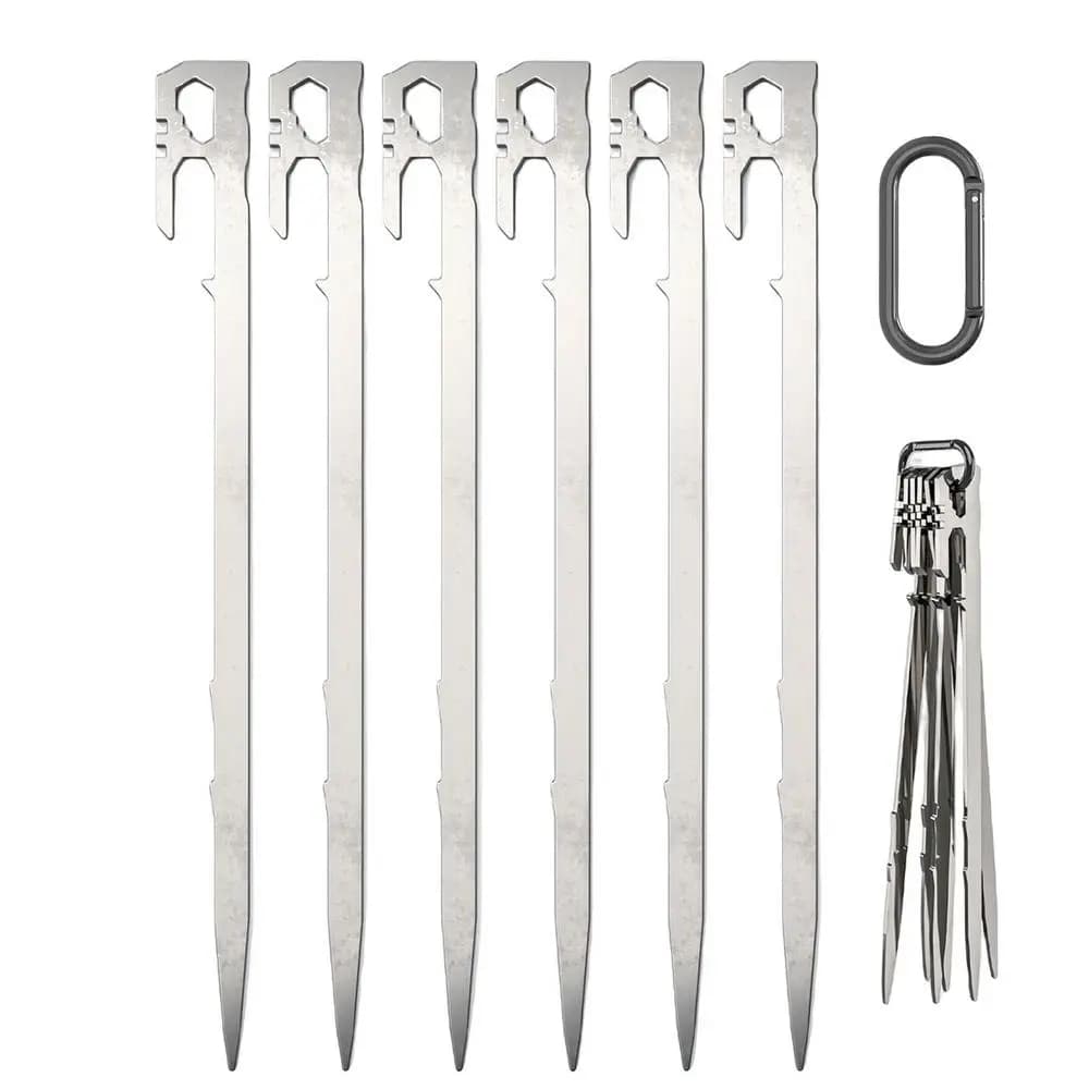 6 PCS 11 inch Multifunctional Stainless Steel Tent Stakes Heavy Duty 2.47 oz Light Weight Portable Wind Resistant Metal Pegs
