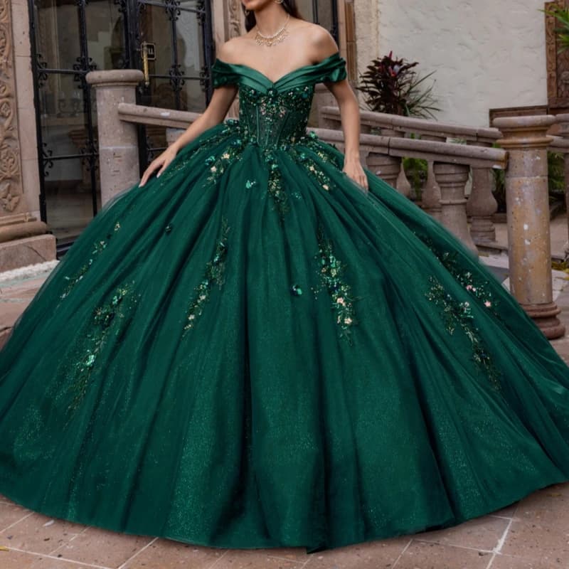 Verde nerastro lucido al largo della spalla Abito da ballo Abiti stile Quinceanera Appliques Perline di pizzo Tull Sweet 16 Dress abiti 15 De Anos