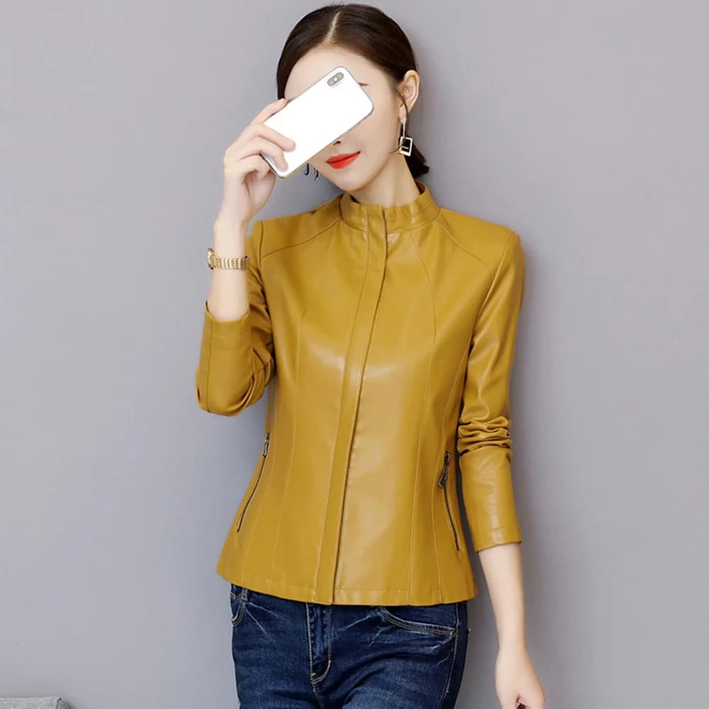 Nuovo Donna Giacca in pelle Autunno Inverno Moda Colletto in piedi Manica lunga Corto Cappotto in pelle di pecora Sottile Pecora Capispalla in pelle Donna