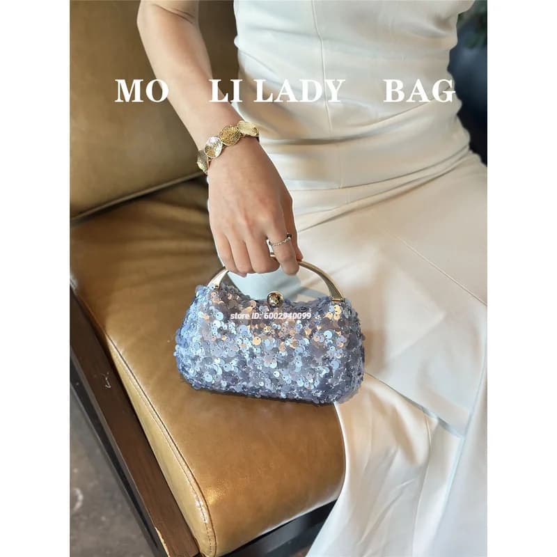 Beaded Handle Chain Shoulder Bags Vintage Silver Hand Beading Sequined Bags Evening Party Clutch Purse Versatile Handbags