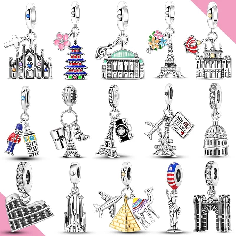 Ciondoli in Argento Sterling 925 Originali Vienna Parigi Tokyo, Pendenti da Viaggio per Bracciali Fai-da-Te, Gioielli Raffinati per Donna