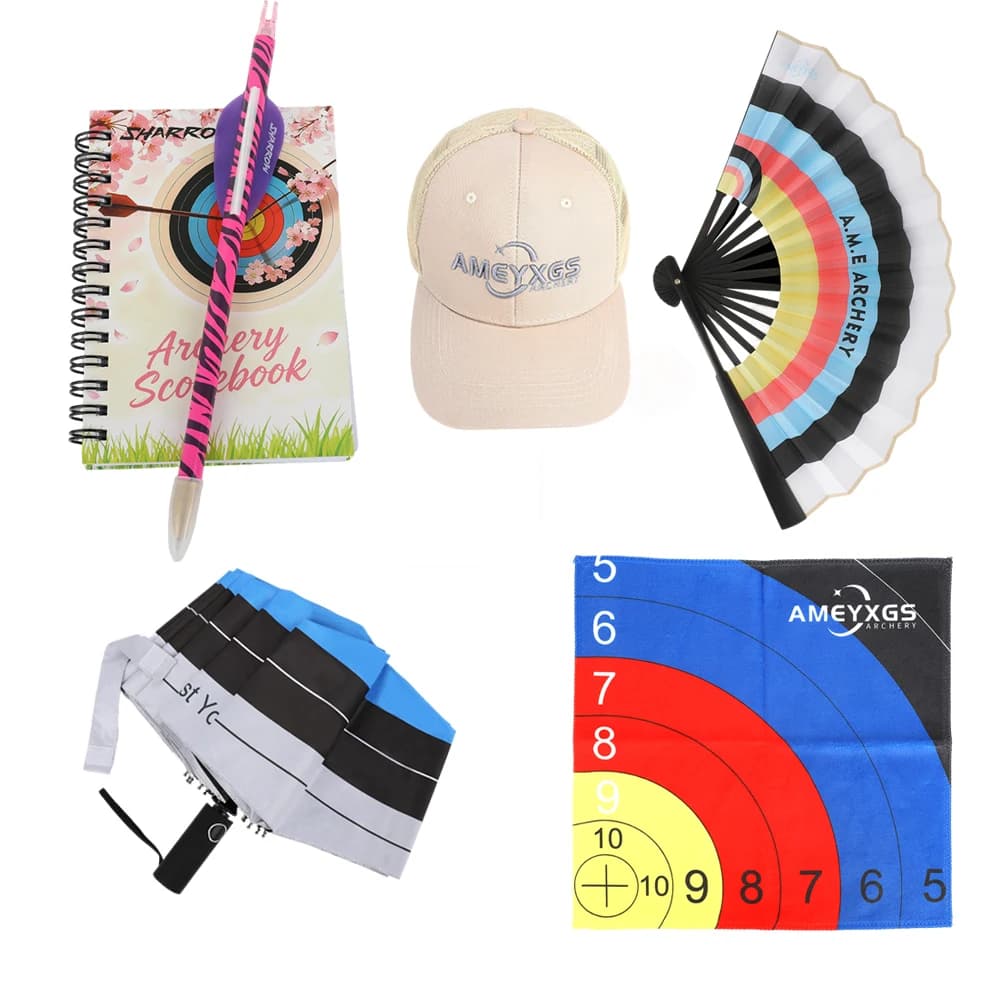 Set di Prodotti Creativi per Tiro con l'Arco: Libro Punteggi, Penna, Ombrello UV, Ventaglio, Cappello, Asciugamano – Regalo per Arcieri, Accessorio per Pratica di Tiro al Bersaglio all'Aperto