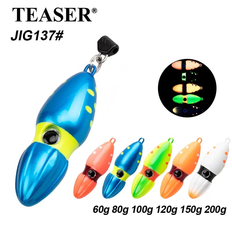 TEASER J137 Yan Yue Testa di zucca Calamari bionici Esca lenta 60g-150g Pesca in mare Spigola Testa rossa e nera Esca con piastra di ferro