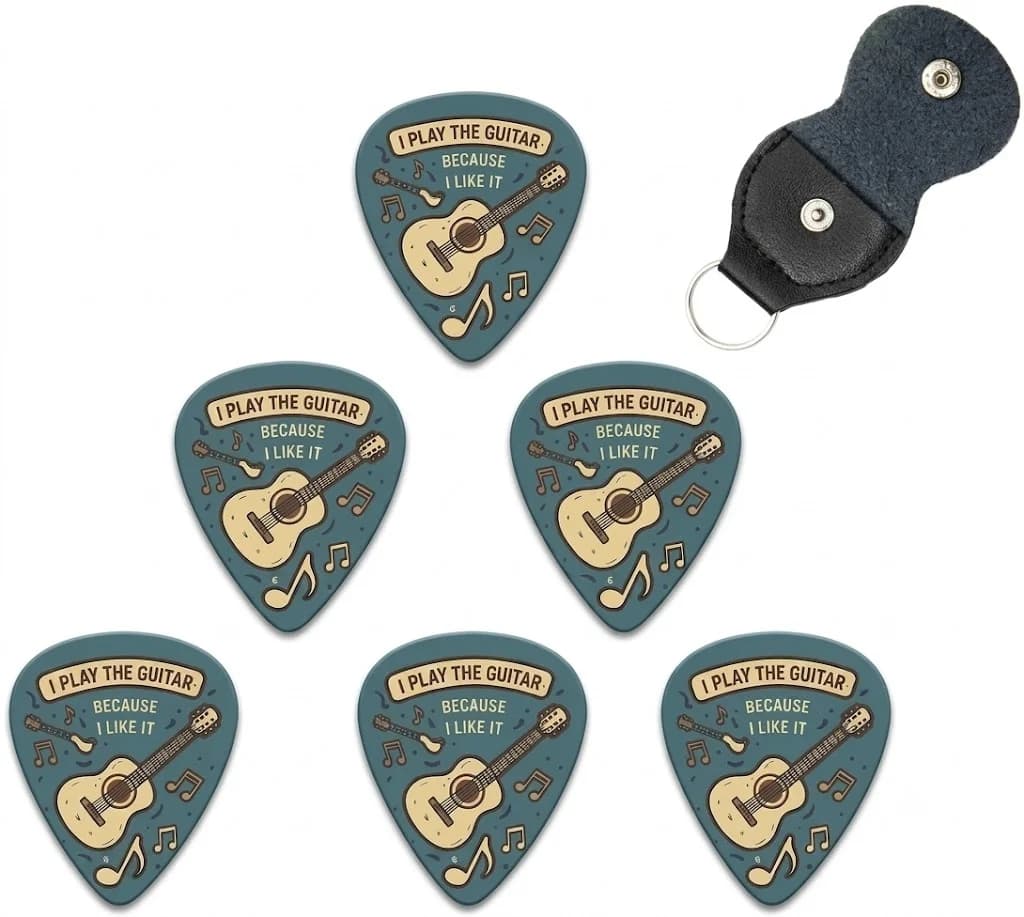 6Pcs Guitar Picks Set with Leather Pick Holder Keychain Cute Guitarist Gift for Electric Acoustic Guitar Bass Ukulele Accessory