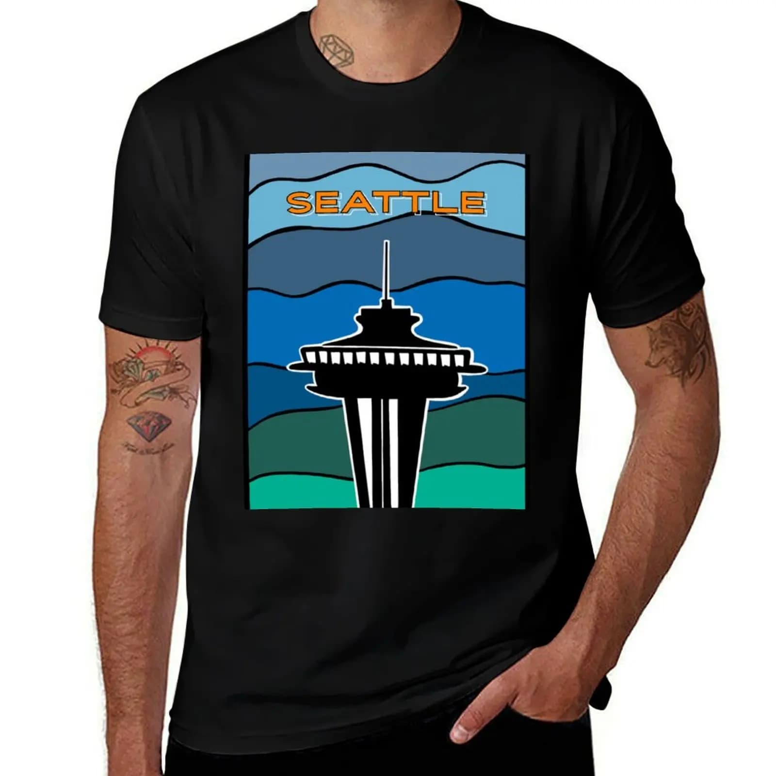 Bold Abstract Silhouette of the Seattle Space Needle T-Shirt Sports Casual Short Sleeve Cotton Tee