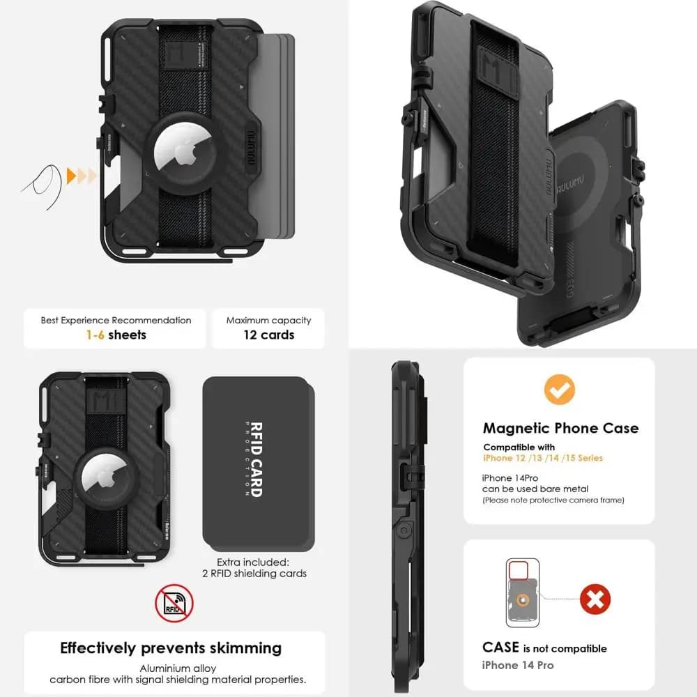 Portafoglio con blocco RFID in fibra di carbonio con chiusura magnetica, compatibile con MagSafe, funzioni come supporto per telefono e apribottiglie